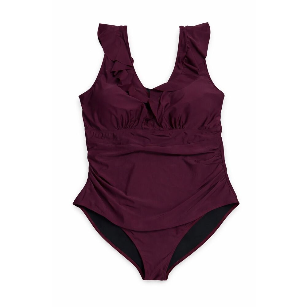 BloomChic Size 26 Deep Red Ruffle Trim Ruched One Piece Swimsuit NWT